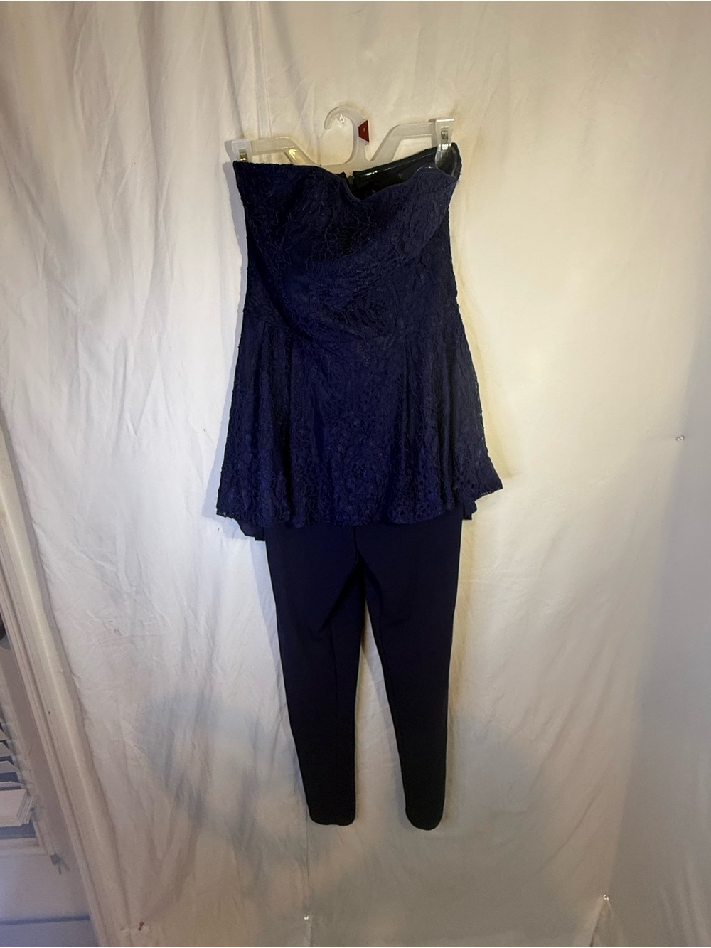 White House Black Market Navy Strapless Lace Peplum Jumpsuit